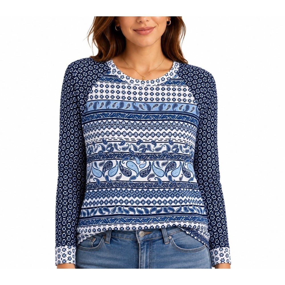 Tommy Bahama Womens Blouse Top Blue Paisley Mixed Print Long Sleeve SizeXS